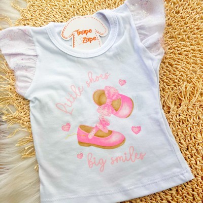 Conj. Blusa Little Shoes e Short com Cinto em Tule - Branco e Rosa